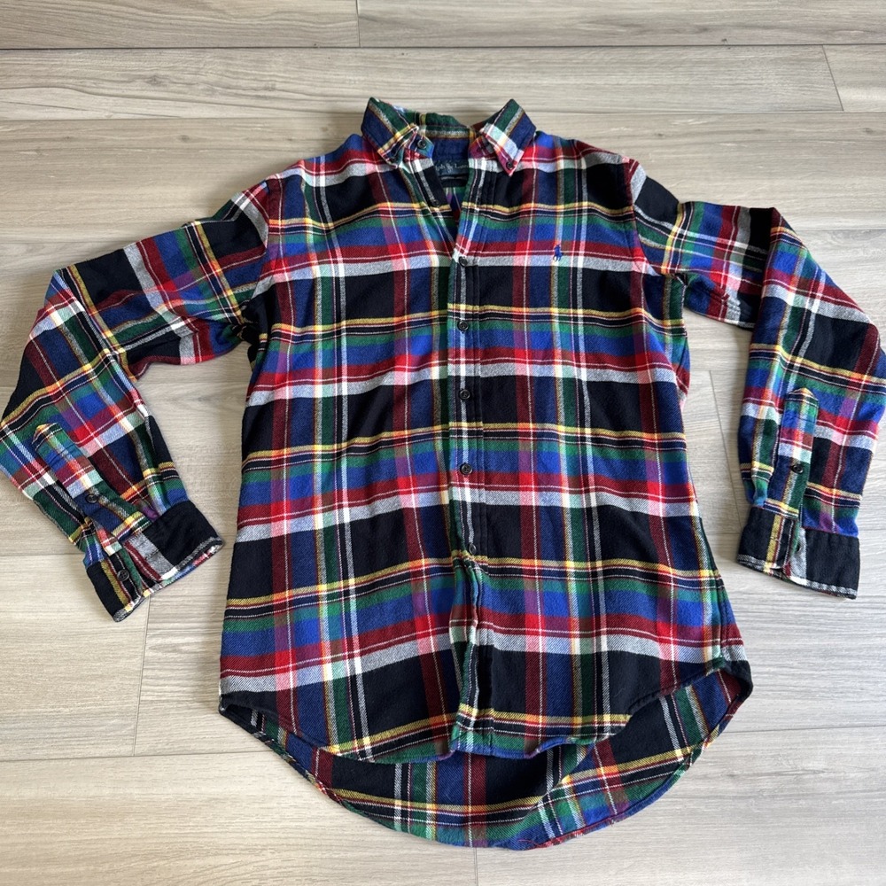 Vintage Polo Ralph Lauren Red Blue Yellow Plaid Flannel Button Shirt Mens Size S